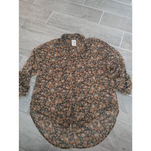 Women's Free People Dark Floral Button Down Blouse Sheer Size XS Brown Black Gre